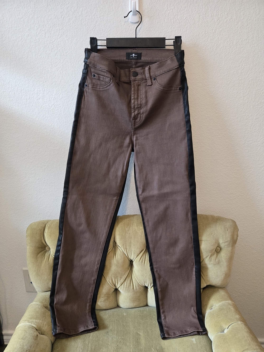 Women's Brown Leather-Like Jeans with Black Side Stripe